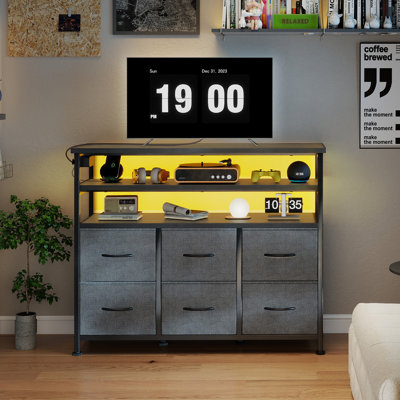 6 Fabric Drawers Dresser with Open Shelves, TV Stand with LED Lights and Charging Station, Entertainment Center, Media Console Table