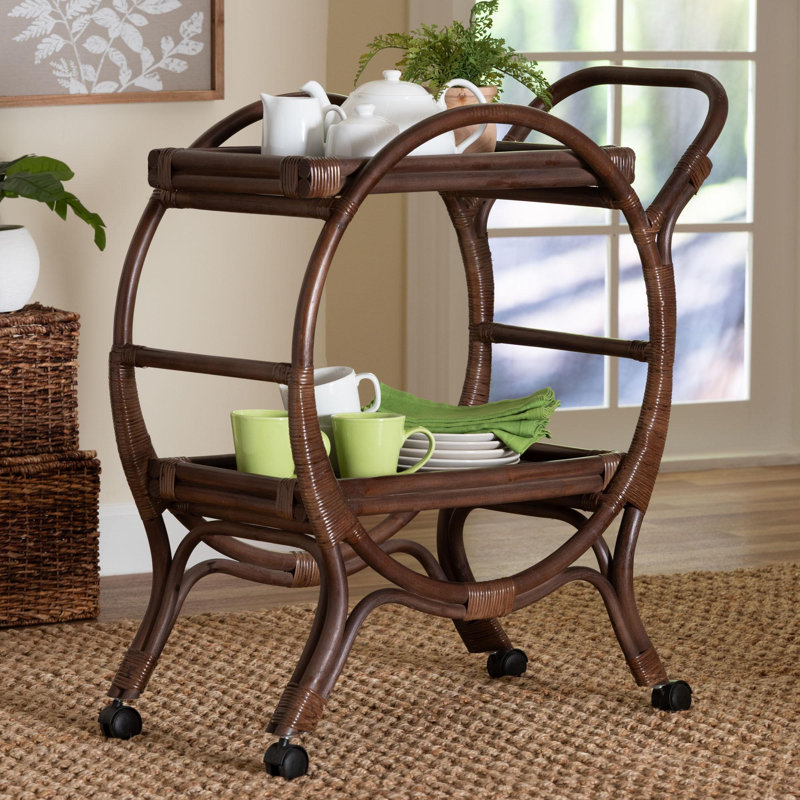 bali & pari Selah Natural Rattan Kitchen Cart - Handwoven Wicker 2-Tier Mobile Serving Cart with Tray Top