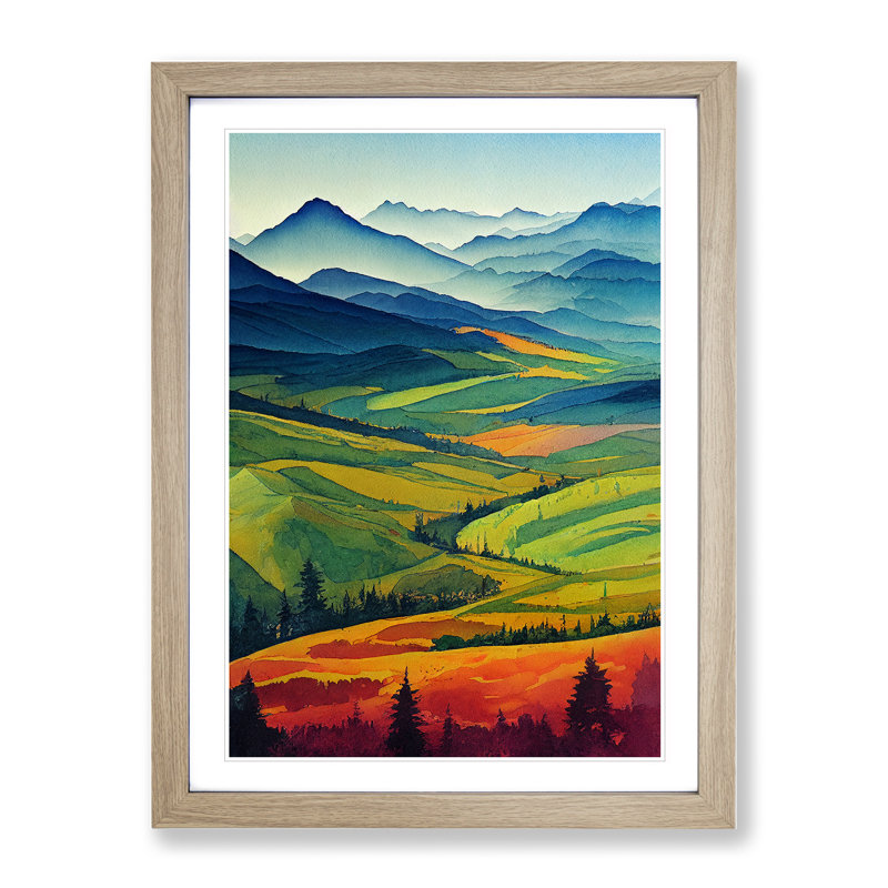 Watercolour Meadow Landscape No.1 - Wall Art, 34cm H x 25cm W, Oak Frame, White