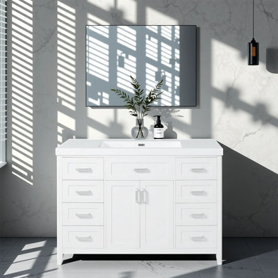 Meuble-lavabo 48 po avec lavabo, 2 portes et 8 tiroirs, système de fermeture en douceur, design classique, blanc