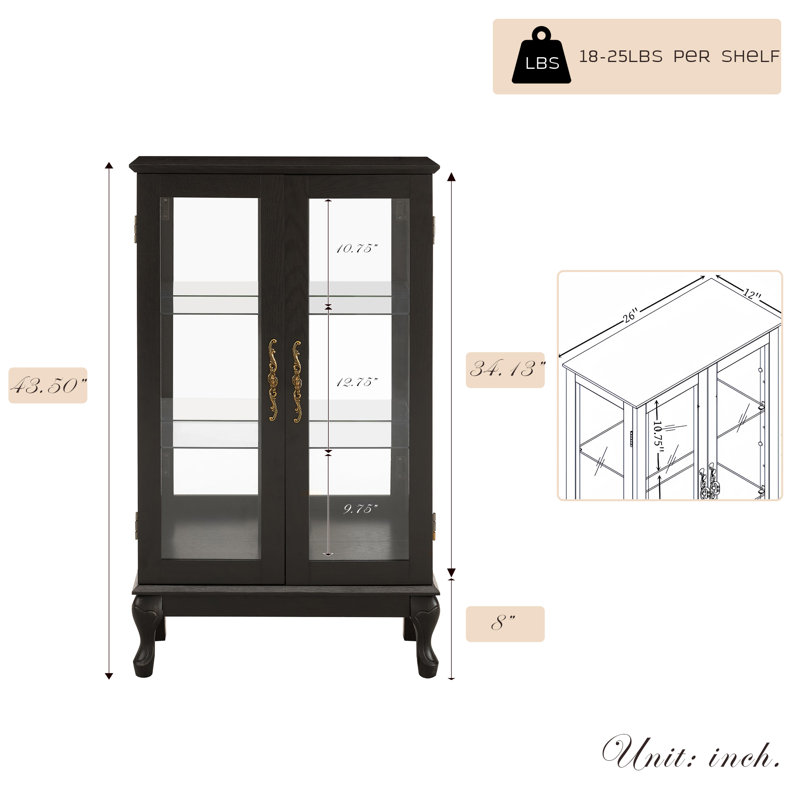  44" Lighted Curio Cabinet, 3-Tier Glass Display Cabinet with Glass Doors & Adjustable Shelves, Mirrored Back Panel, Light Blub Included, Vintage China Cabinet for Living Room, Kitchen