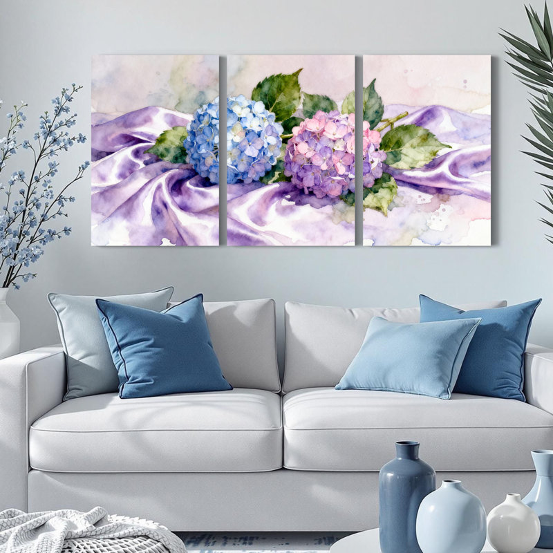 Fleurs d'hortensias sur toile de soie mauve, impression de style aquarelle (ensemble de 3), H 24 po x l 48 po