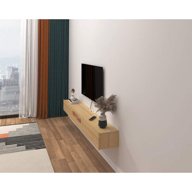 Josylin Solid Wood Floating TV Stand for TVs, 7.64" H x 62.99" L x 10.04" D, Light Oak