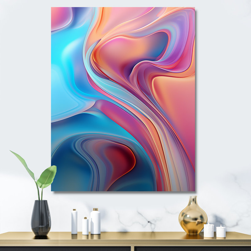 Toile transitionnelle rose et bleu I - art abstrait sur toile, Cadre flottant doré, H 32 po x l 16 po x P 1 po