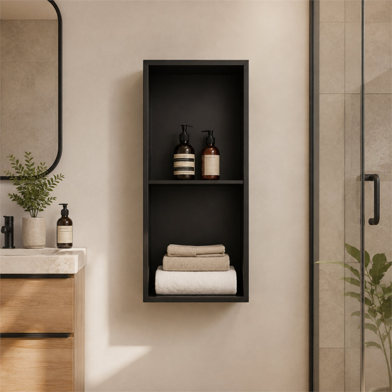 Niche de douche encastrée noire en acier inoxydable 304 avec double tablette imperméable, résistante à la rouille, facile à nettoyer et à installer