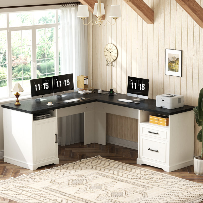 60‘’ L Shaped Desk with Wooden Drawers, Black, White