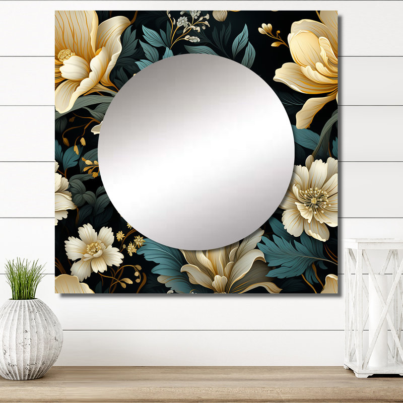 Décoration murale Botanical Green Damask Harmony - Grand miroir carré bohémien et éclectique pour chambre, 23 po x 23 po