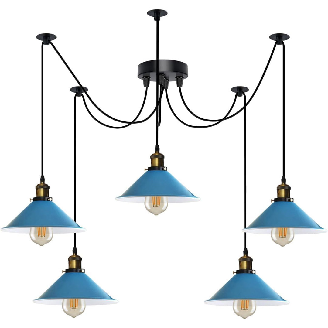 Industrial 5-Head Spider Pendant Light Adjustable Hanging Ceiling Lamp with E27 Cone Metal Shades 110-240V Height Adjustable Fixture for Kitchen, Bar,