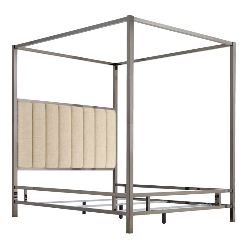 Upholstered Metal Canopy Bed, Black Nickel/Beige, Full