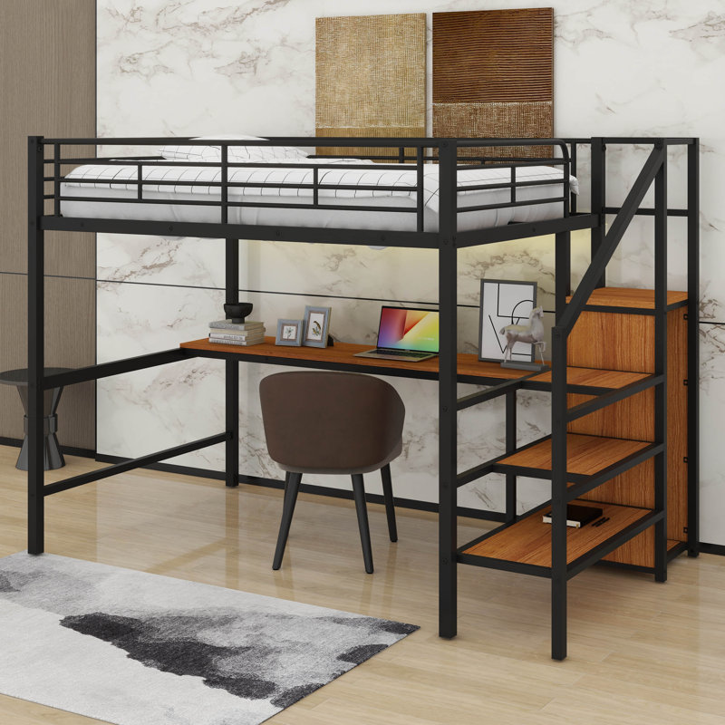 Lit mezzanine double en métal avec escalier de rangement, bureau, lumière DEL et petite armoire, Brun / Noir