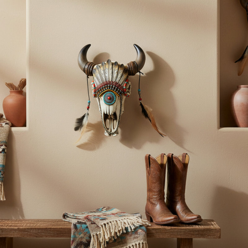 Bull Skull with Feather Headdress Rustic Southwestern Wall Décor