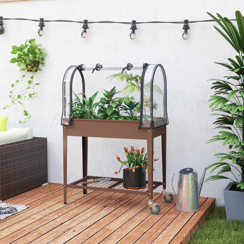 Lit de jardin surélevé avec couvercle de serre, grande boîte à fleurs surélevée pour l'extérieur en métal avec roues verrouillables, tablette de rangement et trou de drainage pour légumes, fleurs, herbes, brun