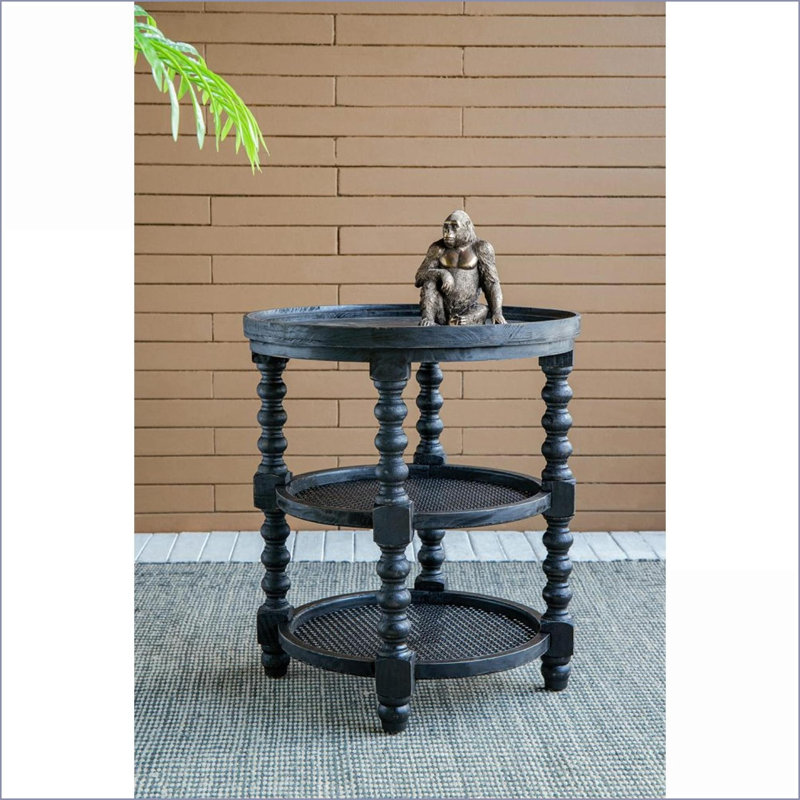 Bois noir traditionnel Table basse en rotin à 3 niveaux pour le salon, peu encombrante, Noir