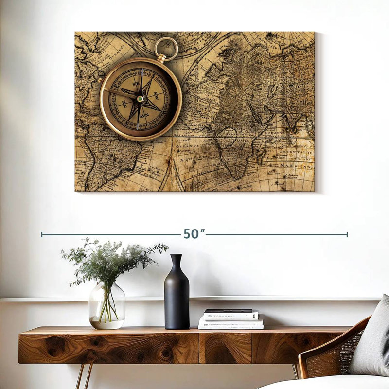 «Brass Compass on World Map» - reproduction d'art sur toile tendue, H 26 po x l 39 po x P 1,25 po