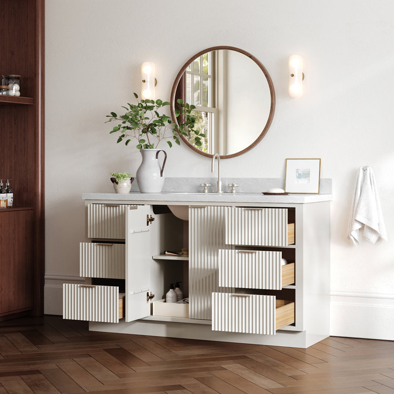 Haun 60'' Solid Wood Single Bathroom Vanity with 1.5'' Carrara Marble Top in Warm White, Rectangular Sink, Rectangle, 61"