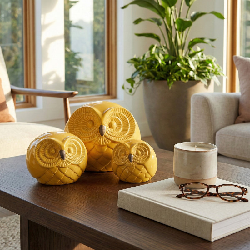 Figurines décoratives en hibou en céramique pour la décoration intérieure - Décoration de sculpture contemporaine pour tablette, table ou salon - ensemble de 3, 8 po, 6 po, 4 po, jaune