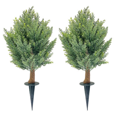 30" Artificial Cypress Topiary Trees Set of 2 with Ground Spikes, UV Resistant Faux Evergreen Shrubs for Indoor Outdoor Garden Decor