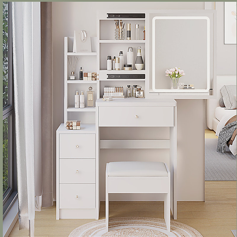 29.2" Small Size Left Bedside Cabinet Vanity Table + Cushioned Stool, Large Sliding, Touch Control, Tri-color Switching, Brightness Adjust LED Mirror, High Capacity Storage, Suitable for Small Space