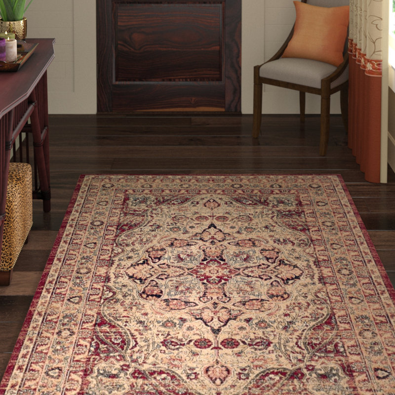 Tapis crème / rouge Leja, Rectangle 5 pi 1 po x 7 pi 6 po