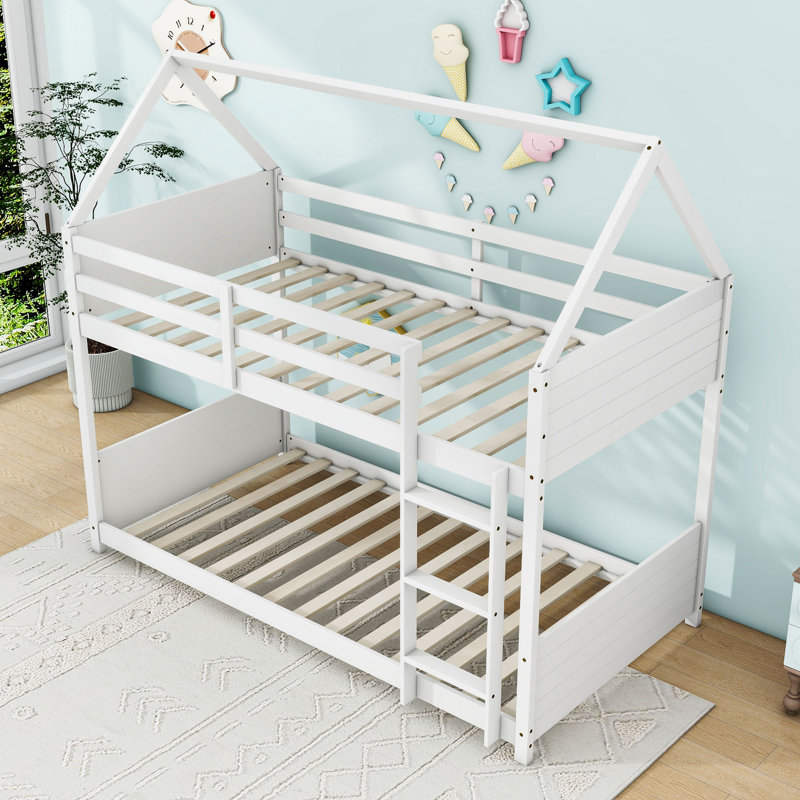 Twin Over Twin Wooden House-Shaped Bunk Bed With Roof Frame And Ladder, White