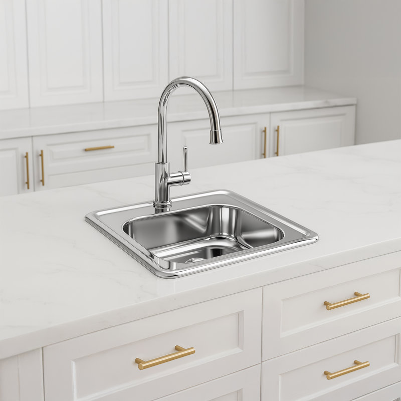  Whitehaus 15" Square Stainless Steel Drop-In Entertainment /Prep Sink With Polished Bowl, Polished Stainless Steel