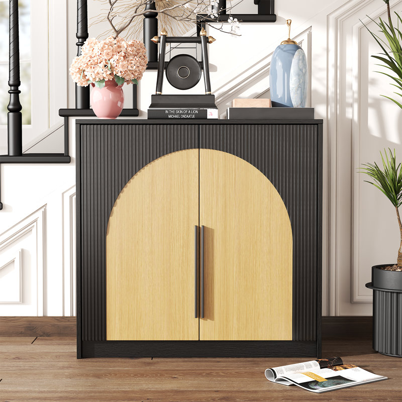 Fluted Buffet Sideboard Cabinet Small Blcak Coffee Bar Credenza Modern Buffet Table Arched Modular Storage Cabinet Console Furniture for Dining Room Living Room Pantry Hallway Caramel