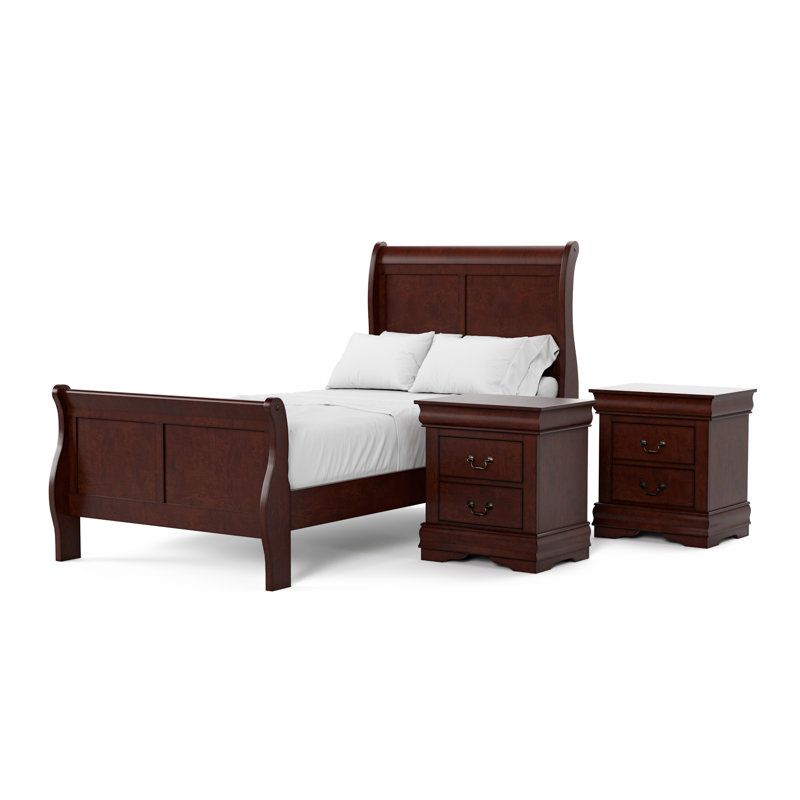 Ensemble de chambre à coucher Emelinda, Cerisier, Simple, Trois pièces : lit, 2 tables de chevet