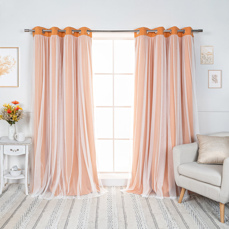 Fortuna Brockham Solid Tulle Overlay Room Darkening Grommet Curtain Panels, Orange, 52" W x 108" L