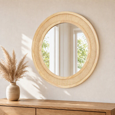 Solid Wood Round Frame Wall Mirror, 24'' Farmhouse Accent Mirror