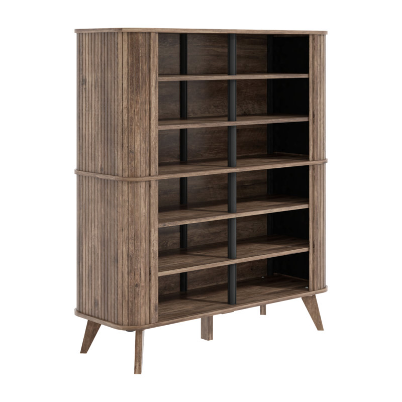 Aurel Mid-Century 24-Pair Shoe Cabinet with Fluted Sliding Doors, Dark Brown Wood