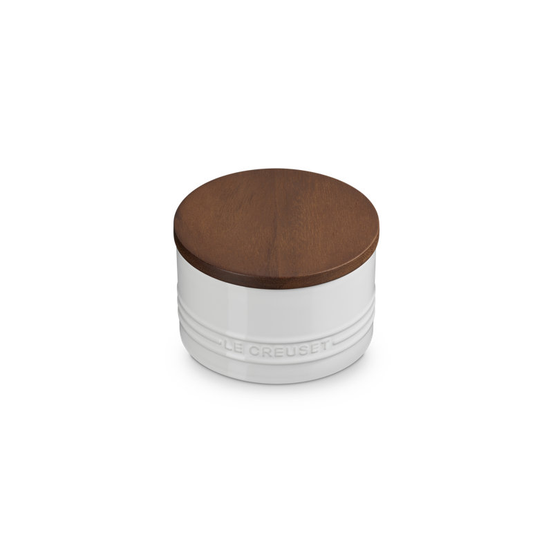 Le Creuset Stoneware Signature Canister With Wood Lid, 16 Oz., Cerise, White
