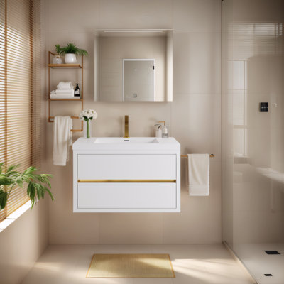 Meuble-lavabo flottant pré-assemblé blanc brillant, meuble-lavabo flottant avec tiroirs à fermeture en douceur et comptoir en résine de pierre durable