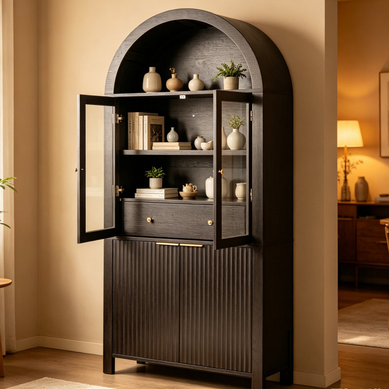 Vitrine arquée noire minimaliste avec tablettes réglables Les portes et les tiroirs en verre s'adaptent aux décors de cuisine, de salle à manger et de salon