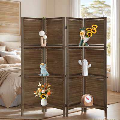 4 Panel Wood Room Divider Folding Privacy Screens With Shelves