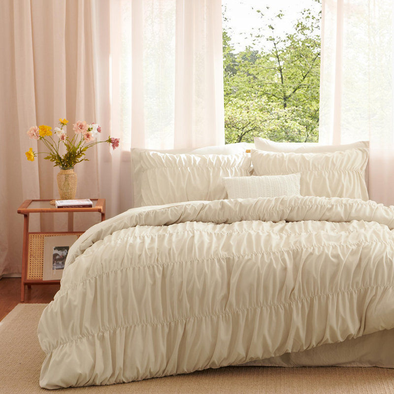 Nayoroom 3 Pieces Ruched Duvet Cover Set Bed Set Boho Bedding Set For Bedroom Soft Fluffy Ruffle Comforter Cover Set With Pillowcases