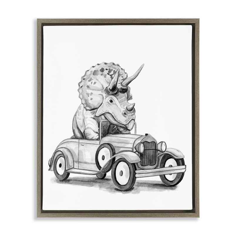 Triceratops dans un cadre flottant de véhicule rétro, design par Rachel Nieman, H 21 po x l 17 po