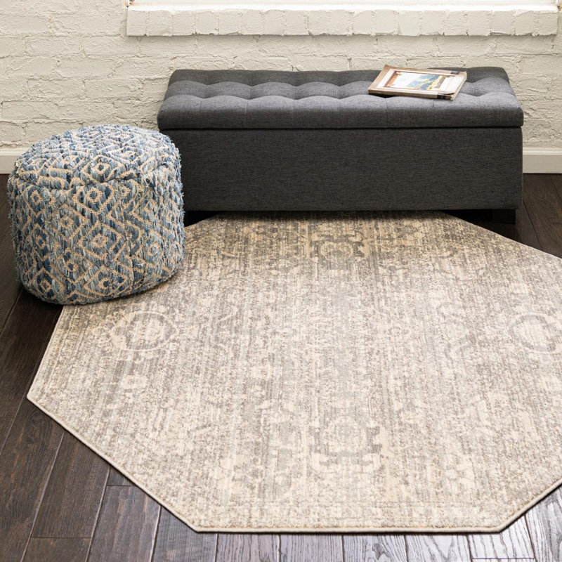 Tapis gris à motif floral Gause, Octogone 5 pi x 5 pi