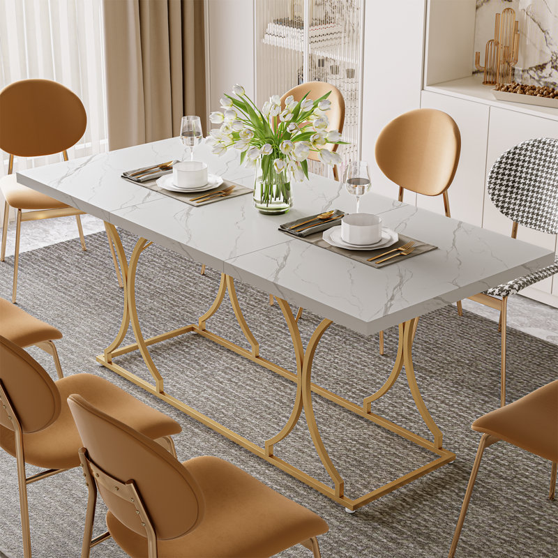 71 Inch Rectangular Dining , Modern White Kitchen Table Dining Room Table, Rectangle White Dinner Table With Gold Metel Frame.