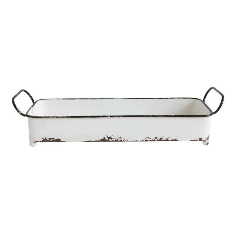 Decorative Metal Tray with 2 Handles and Distressed Enamel and, White