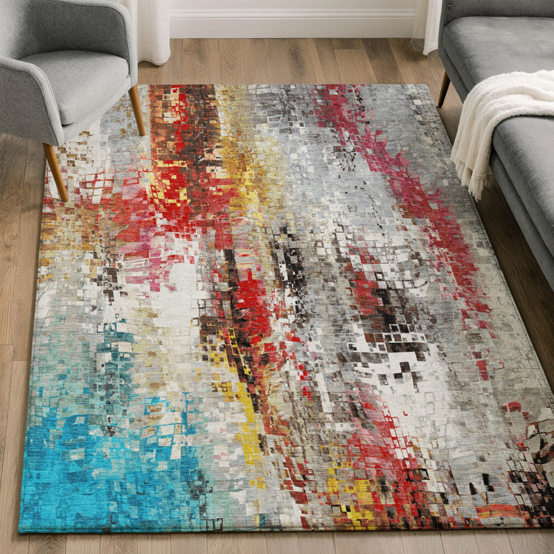 Premium Machine Washable Mayfield AMF2254 Abstract Rug, Silver, 9' x 12'