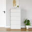 Commode moderne à 5 tiroirs avec poignées cachées, finition blanche, conception peu encombrante