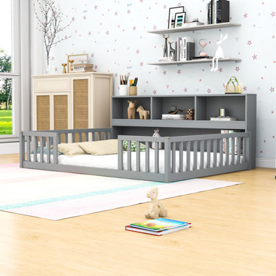 Wood Floor Bed With Storage Shelves And Guardrails