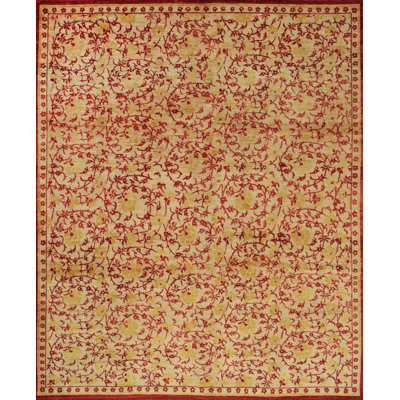 Ivory Hand-Knotted Wool Floral Vine Labyrinth Geometric Modern Contemporary Carpet Rug