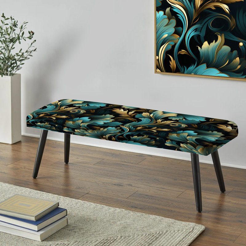 Gold And Blue Luxury Damask Symphony - Damask Upholstered Black Bench