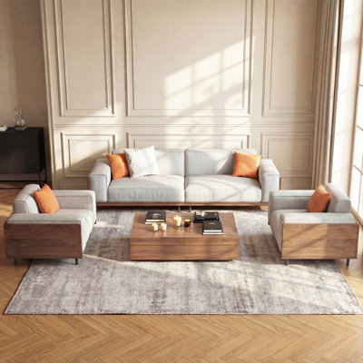 Ensemble de salon moderne de style Mid-Century 4 pièces: canapé en bois, 2 tables basses avec rangement