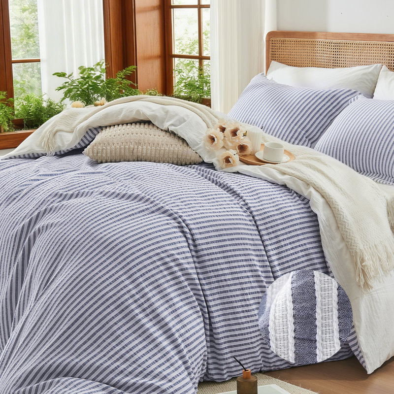 Ensemble de housse de couette rayée en coton délavé avec fermeture à glissière et attaches de coin, King, Navy Blue