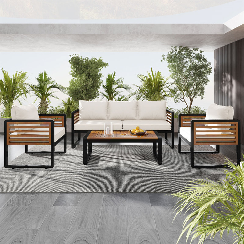 Outdoor Sofa Set For 5 With Removable Cushions And Sturdy Metal-Wood Frame, Beige