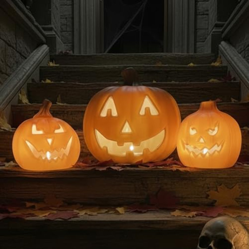 3 Pcs Large Halloween Light Up Pumpkin Fall Home Decorations Plastic Terracotta Pumpkins 5''- 9'' Jack O' Lantern Outdoor Indoor Battery Operated Lighted Pumpkin With Spooky Face