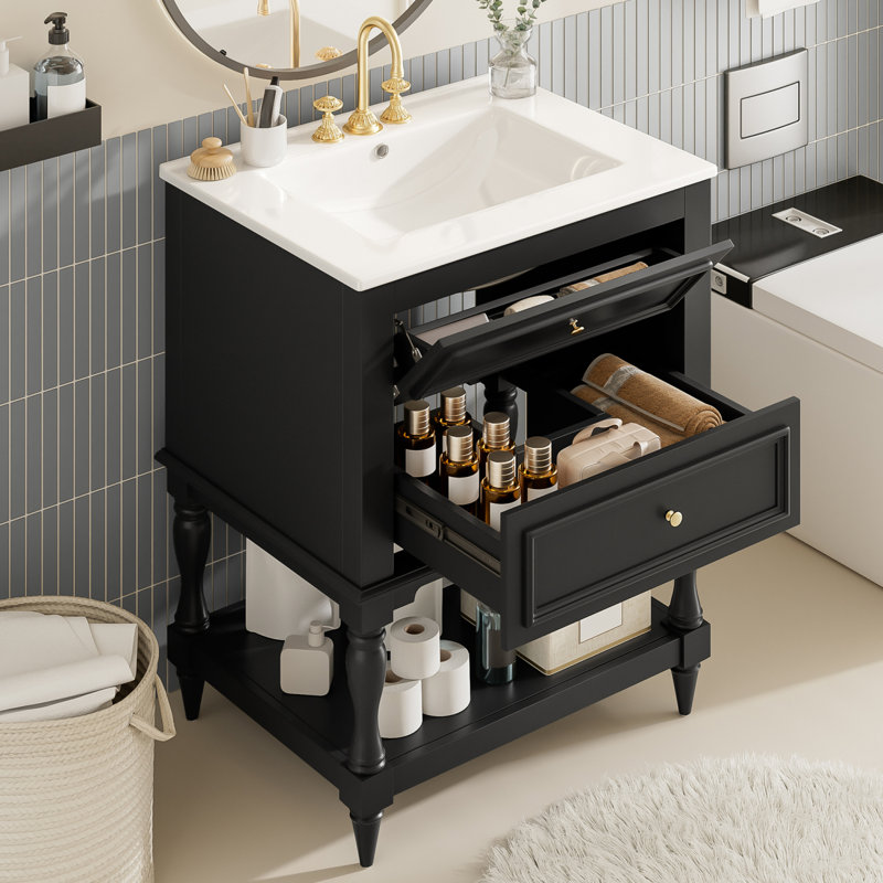 Coiffeuse 24 po avec lavabo en céramique et armoire ouverte, Noir, Doré