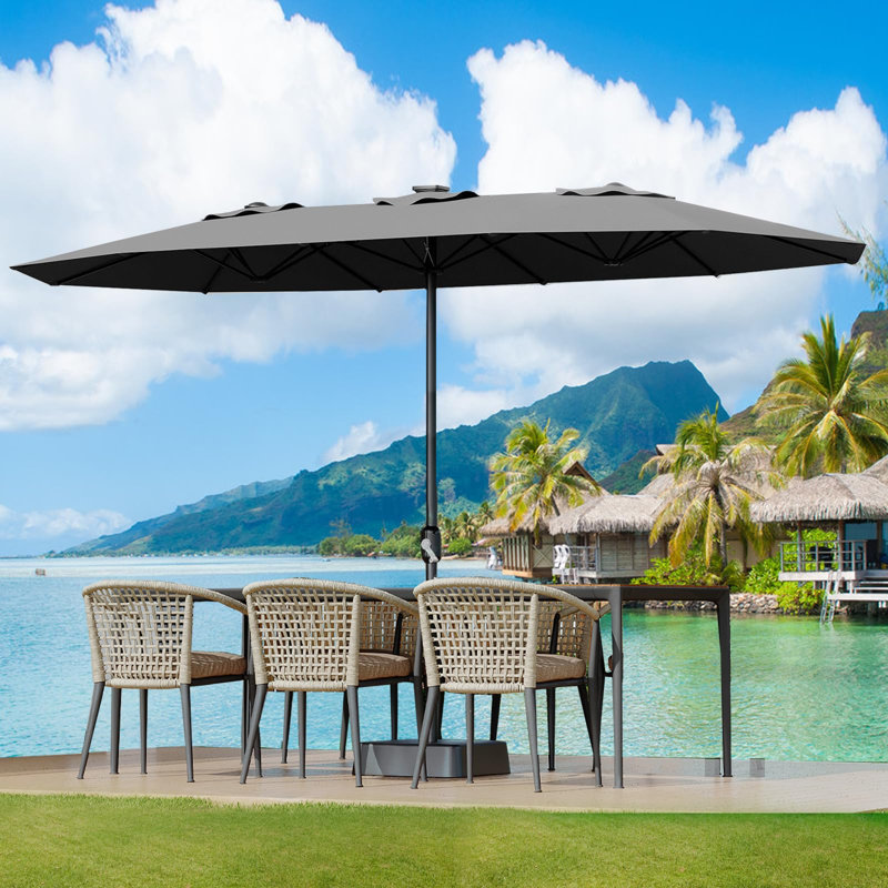 Grand parasol de patio de 15 pi avec base incluse, parasol de terrasse pour l'extérieur avec poignée à manivelle, parasol rectangulaire double face pour l'extérieur, le marché, le patio